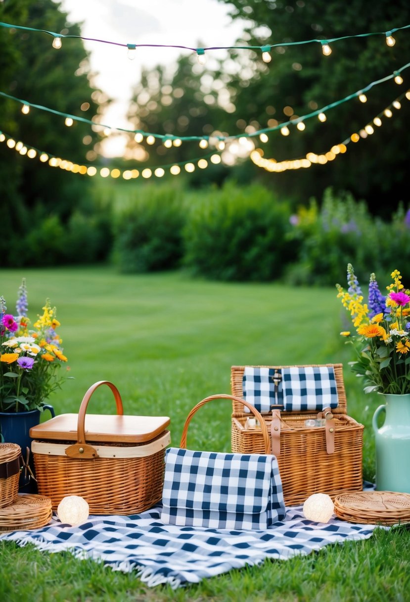 A charming outdoor setting with a checkered blanket spread on lush grass, surrounded by vintage picnic baskets, colorful flowers, and twinkling fairy lights