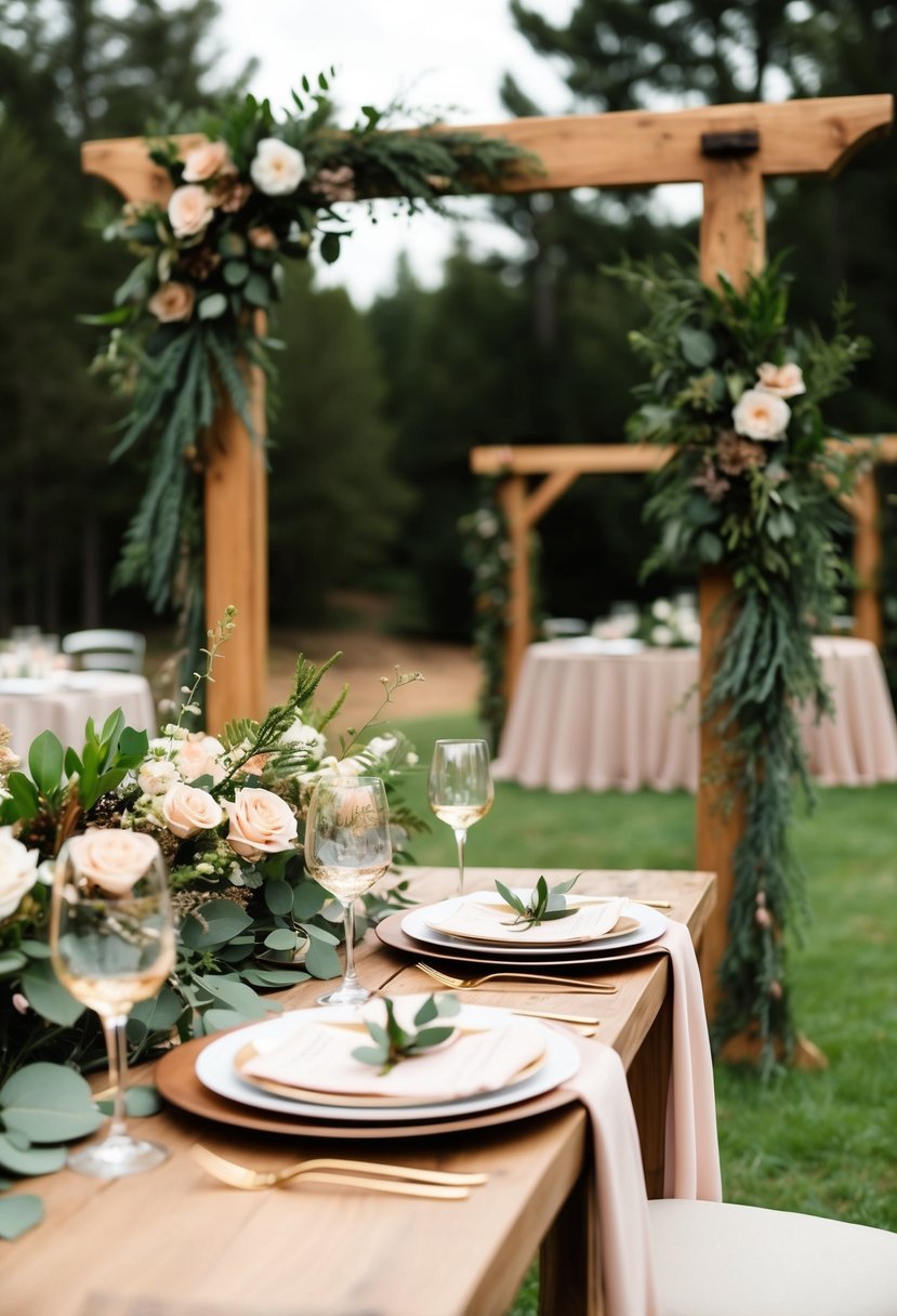 A rustic wedding scene with earthy tones, featuring a wooden arch adorned with greenery and flowers, complemented by muted blush and ivory table settings