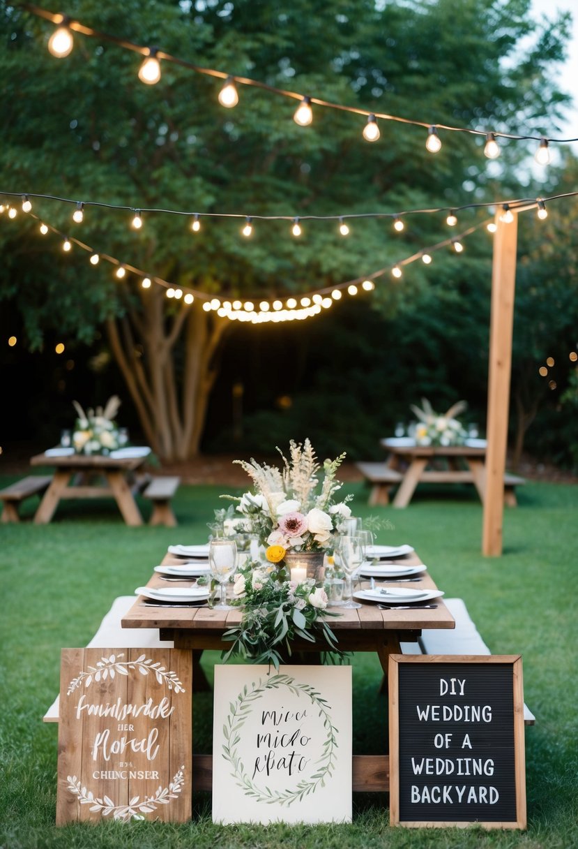 A cozy backyard with string lights, handmade floral centerpieces, and rustic wooden signs for a DIY micro wedding