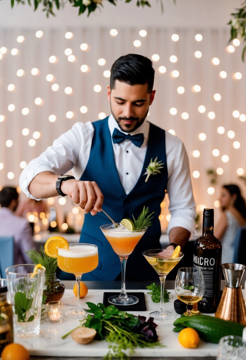 A mixologist expertly crafts a unique cocktail surrounded by elegant glassware and fresh ingredients, set against a backdrop of a stylish micro wedding reception