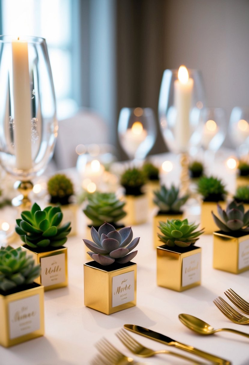 A table adorned with small, personalized wedding favors, such as mini succulents or engraved trinkets, arranged in an elegant and intimate setting for a micro wedding celebration