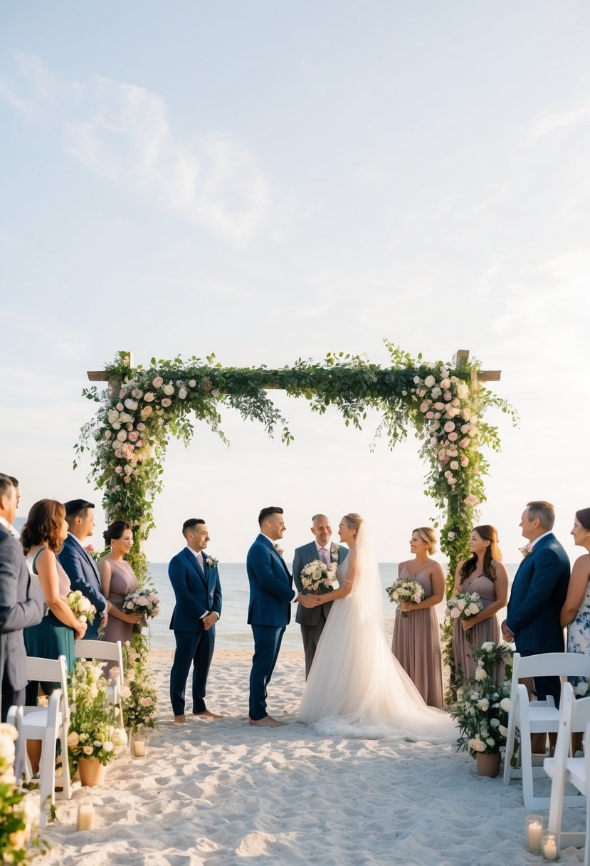 A serene beach setting with an intimate wedding arch adorned with flowers, surrounded by a small gathering of loved ones