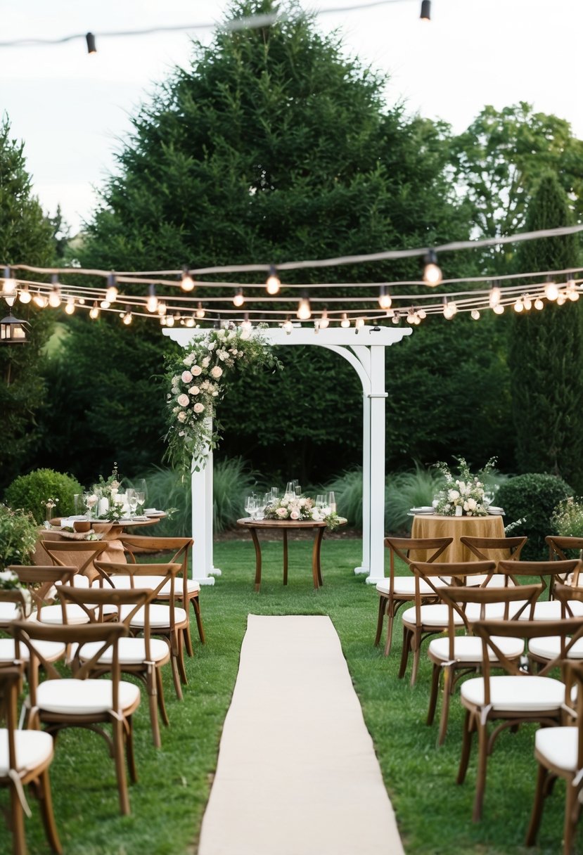 A cozy outdoor garden set for a small wedding with a beautiful arch, string lights, and intimate seating arrangements