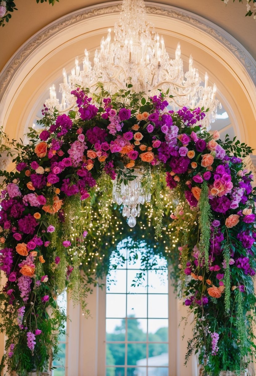 A lavish array of vibrant blooms cascades from an ornate archway, interwoven with delicate greenery and sparkling fairy lights