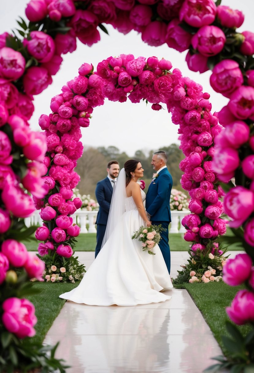 Vibrant peony arches form a stunning backdrop for a wedding ceremony