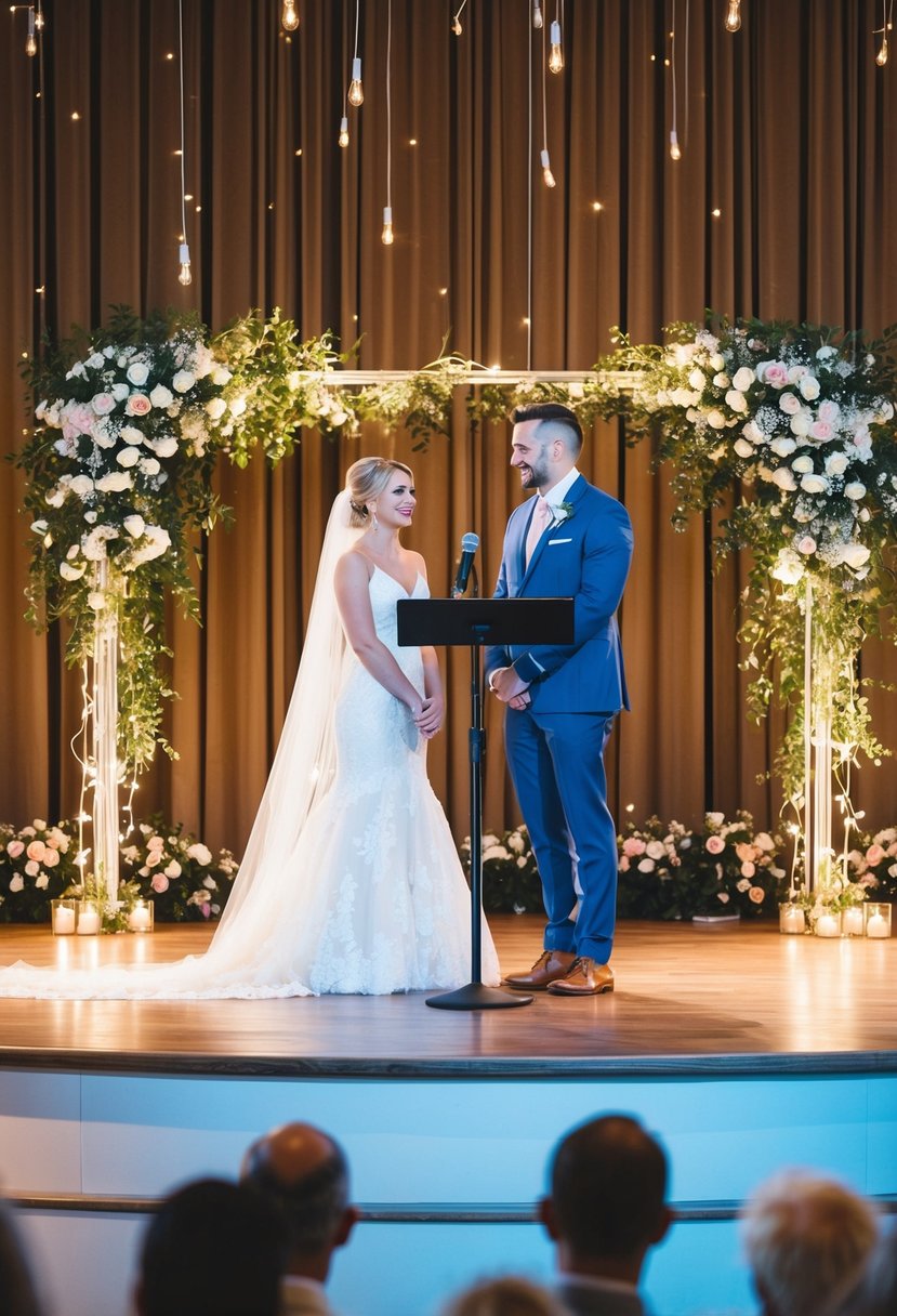 A bride and groom stand on a stage, surrounded by twinkling lights and floral arrangements. A microphone sits on a podium, ready for a memorable wedding speech