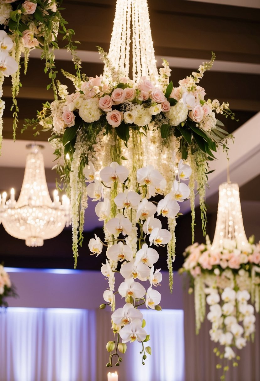 Floral chandeliers adorned with cascading orchids, suspended above a wedding reception, creating an elegant and romantic atmosphere