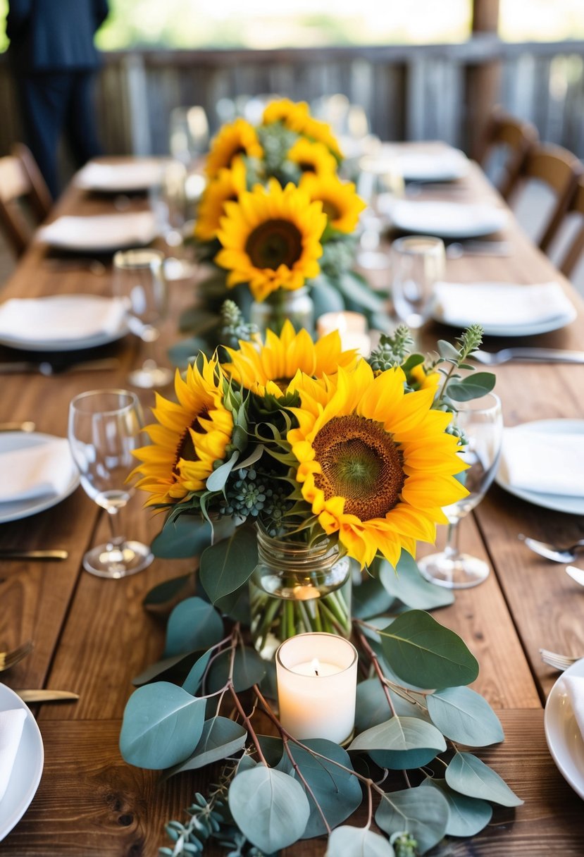 A wooden table adorned with sunflowers and eucalyptus, creating a rustic and charming wedding centerpiece