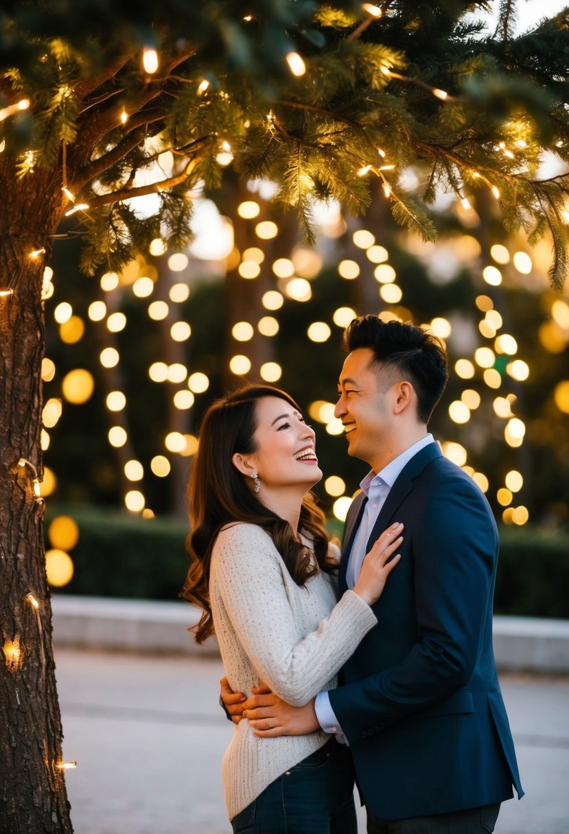 A couple standing under a tree, exchanging laughter and stories, surrounded by twinkling lights and a warm, romantic atmosphere