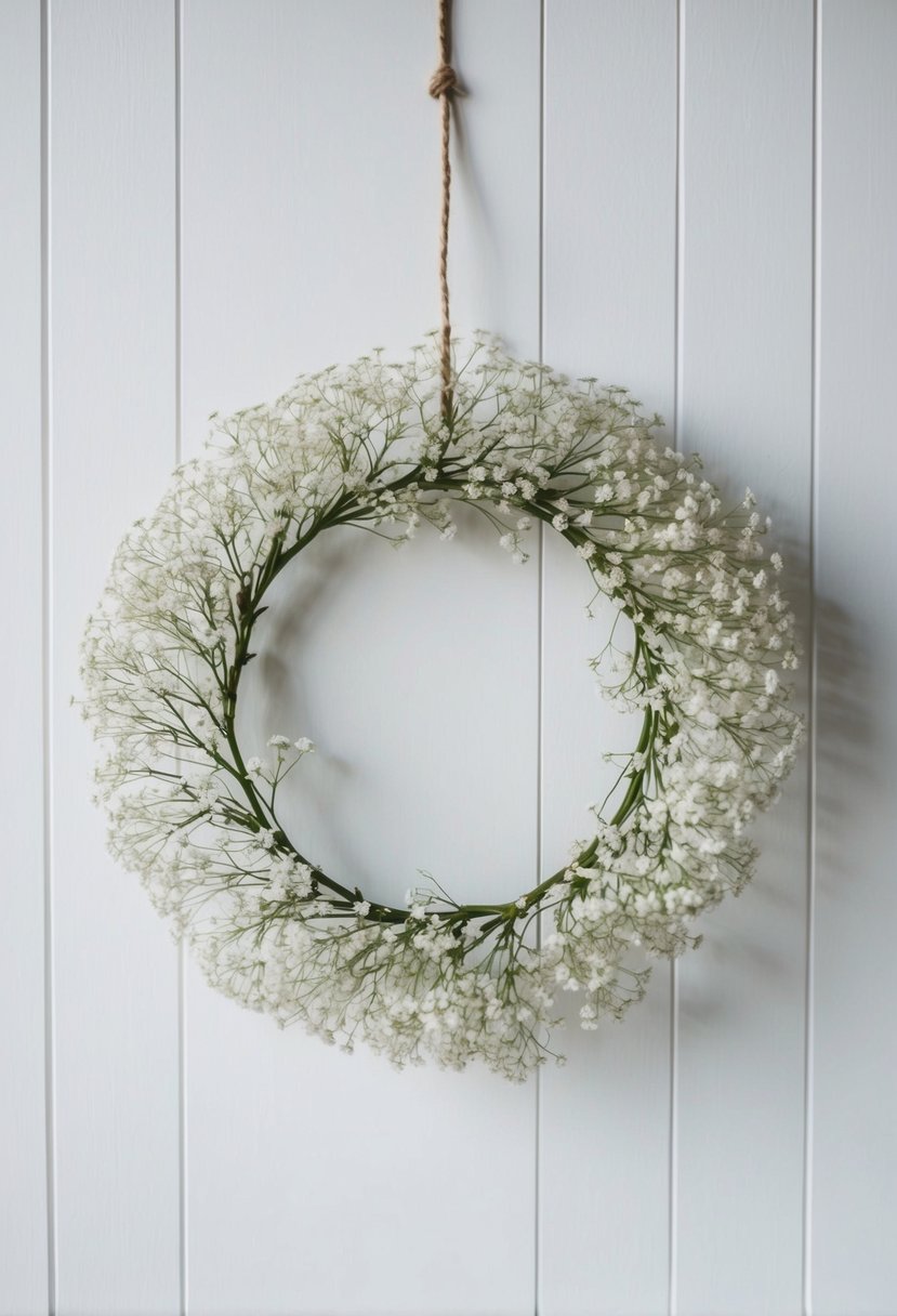 A simple, delicate wreath of baby's breath hanging against a white backdrop, casting a soft, airy feel