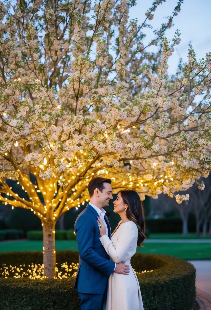 A couple standing under a blooming tree, surrounded by twinkling lights, gazing into each other's eyes