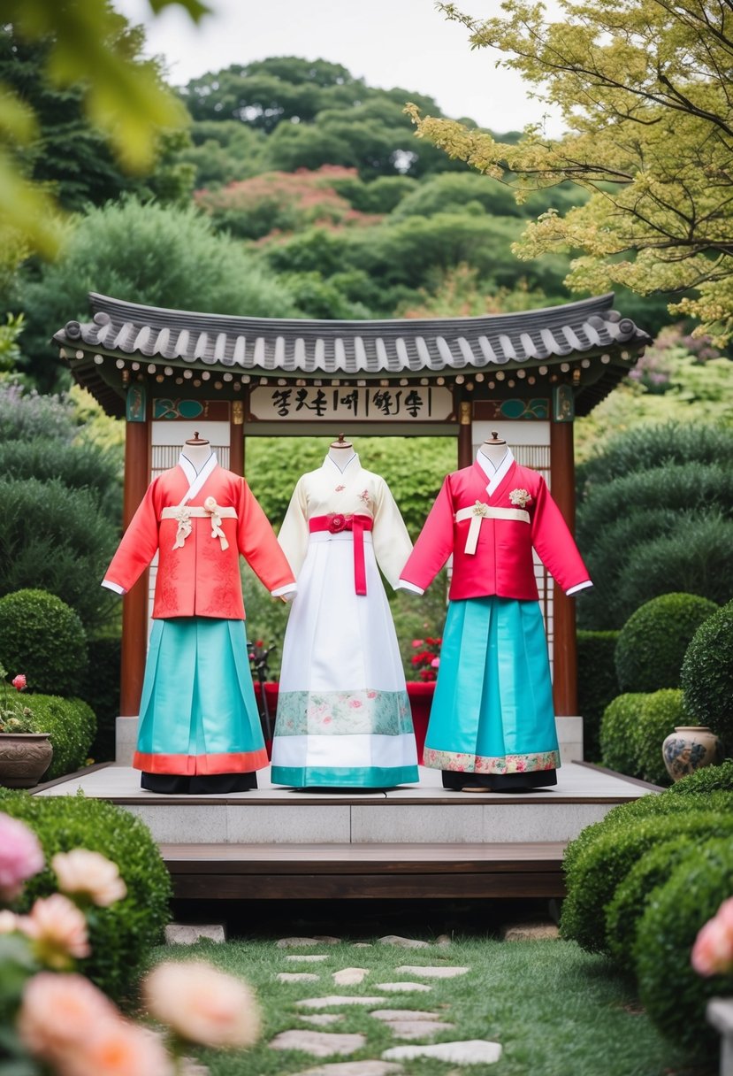 A serene garden setting with traditional Korean wedding attire on display