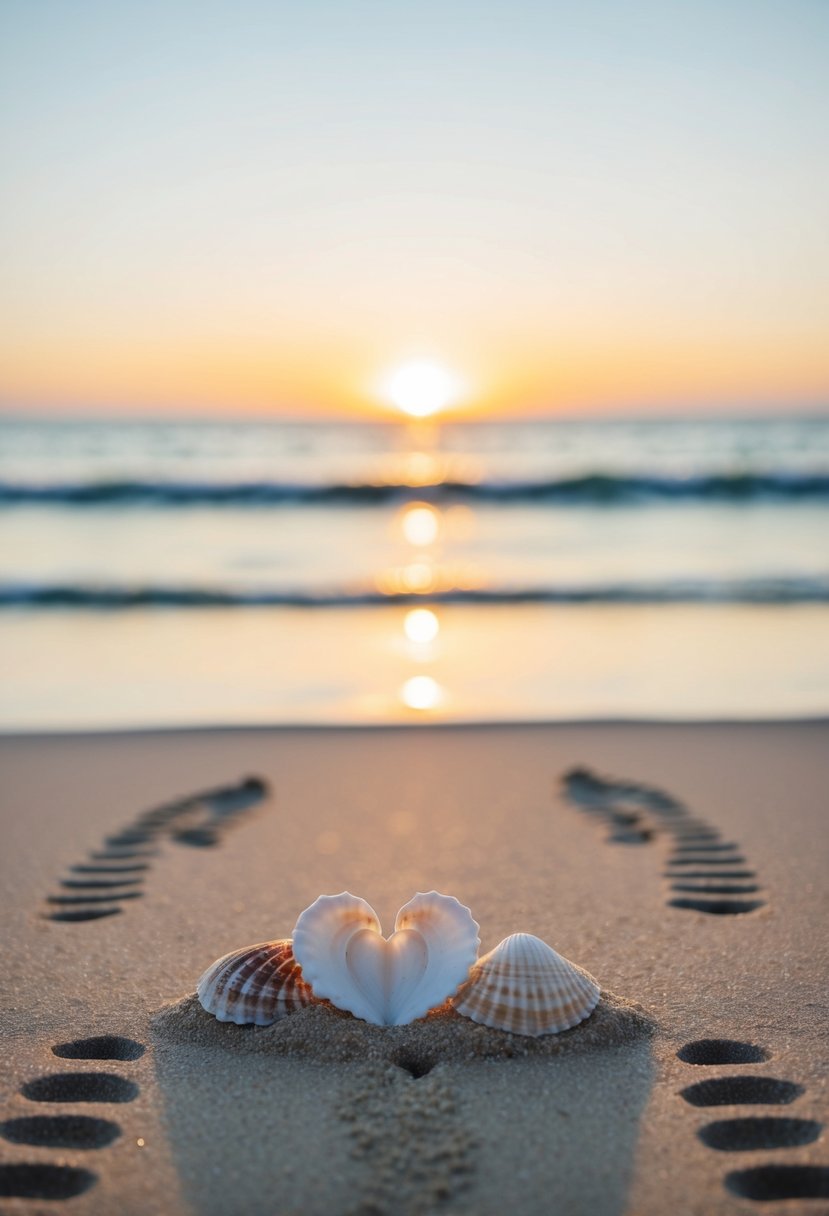 A serene beach at sunset, with two sets of footprints leading towards the water. A heart-shaped collection of seashells sits in the sand