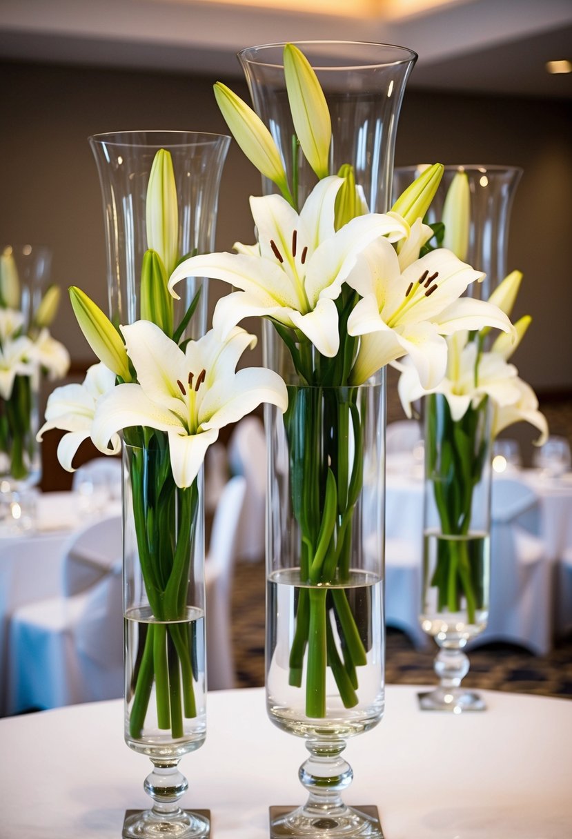 Tall glass vases hold white lilies, creating an elegant wedding floral display