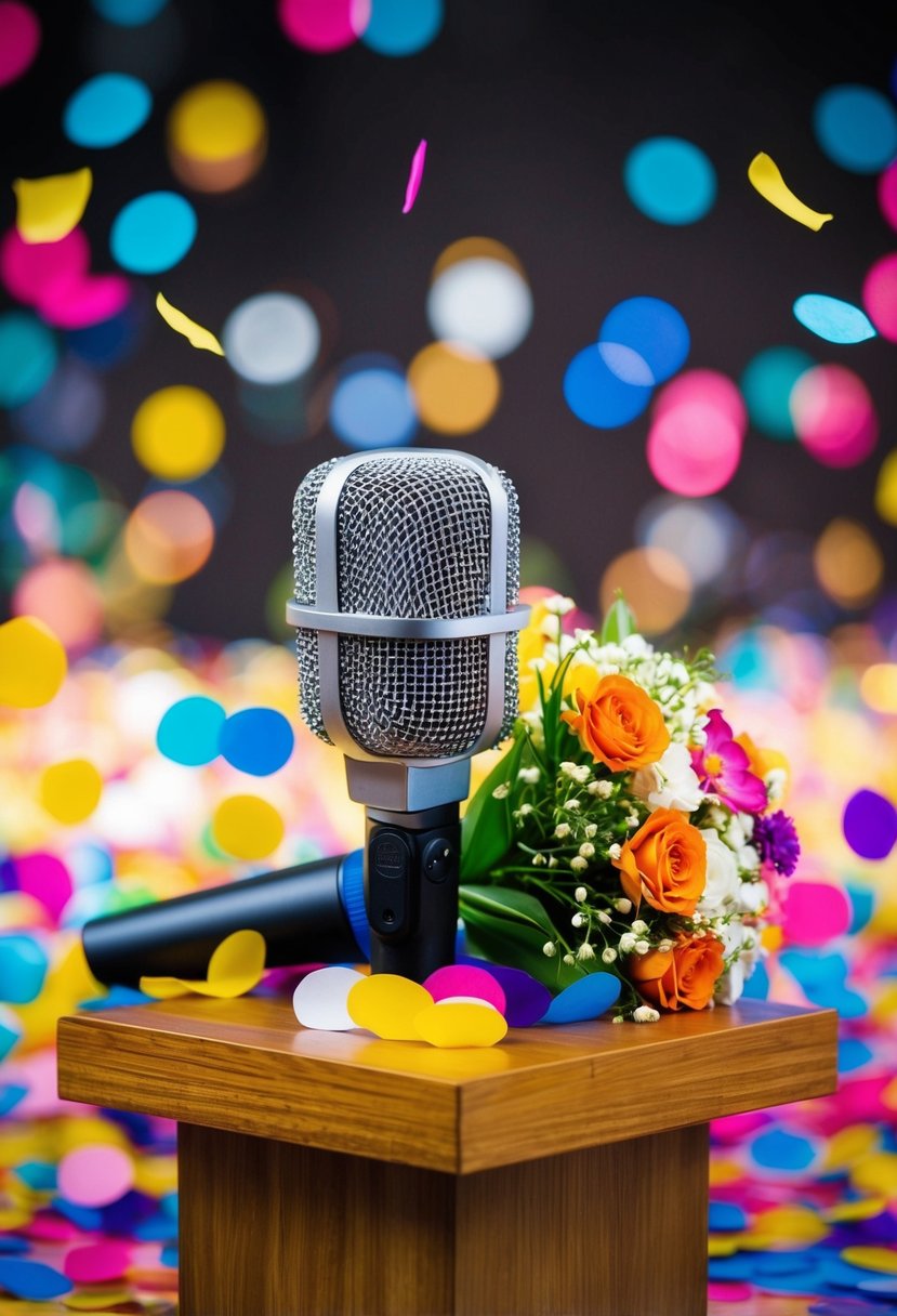 A microphone surrounded by colorful confetti and a bouquet of flowers on a wooden podium