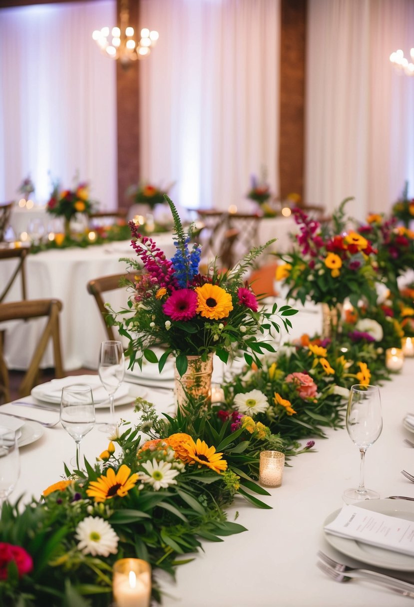 Vibrant wildflower garlands adorn reception tables in a stunning wedding floral display