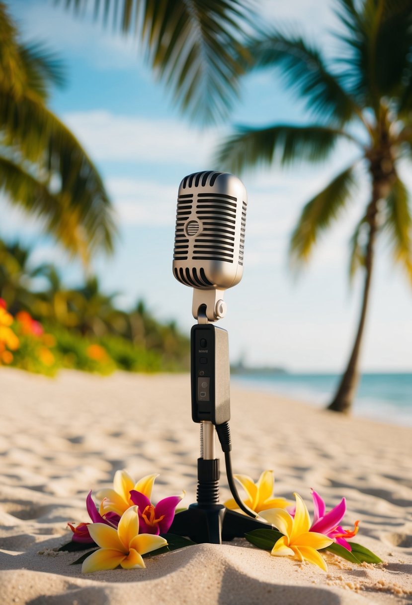 A microphone stands on a sandy beach, surrounded by colorful tropical flowers and palm trees, with the ocean in the background