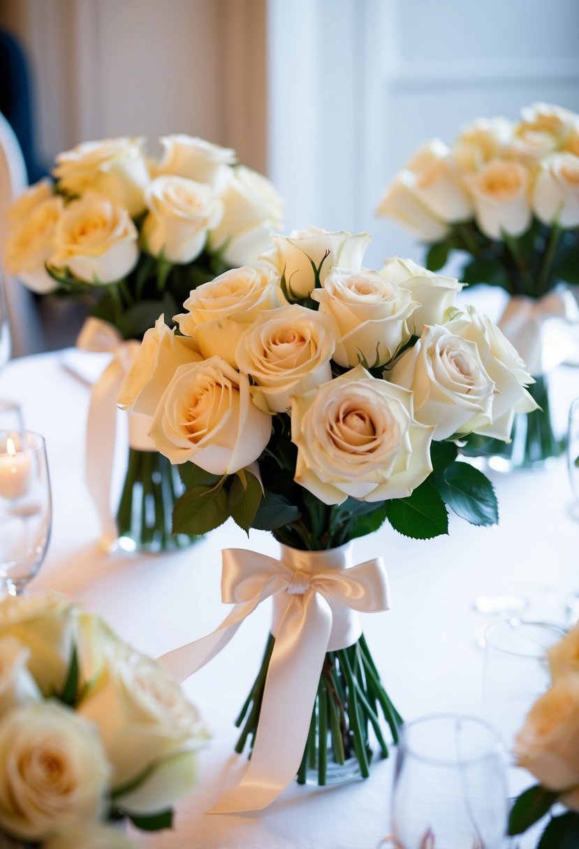 A table adorned with classic rose bouquets tied with satin ribbons, creating an elegant and romantic wedding floral display