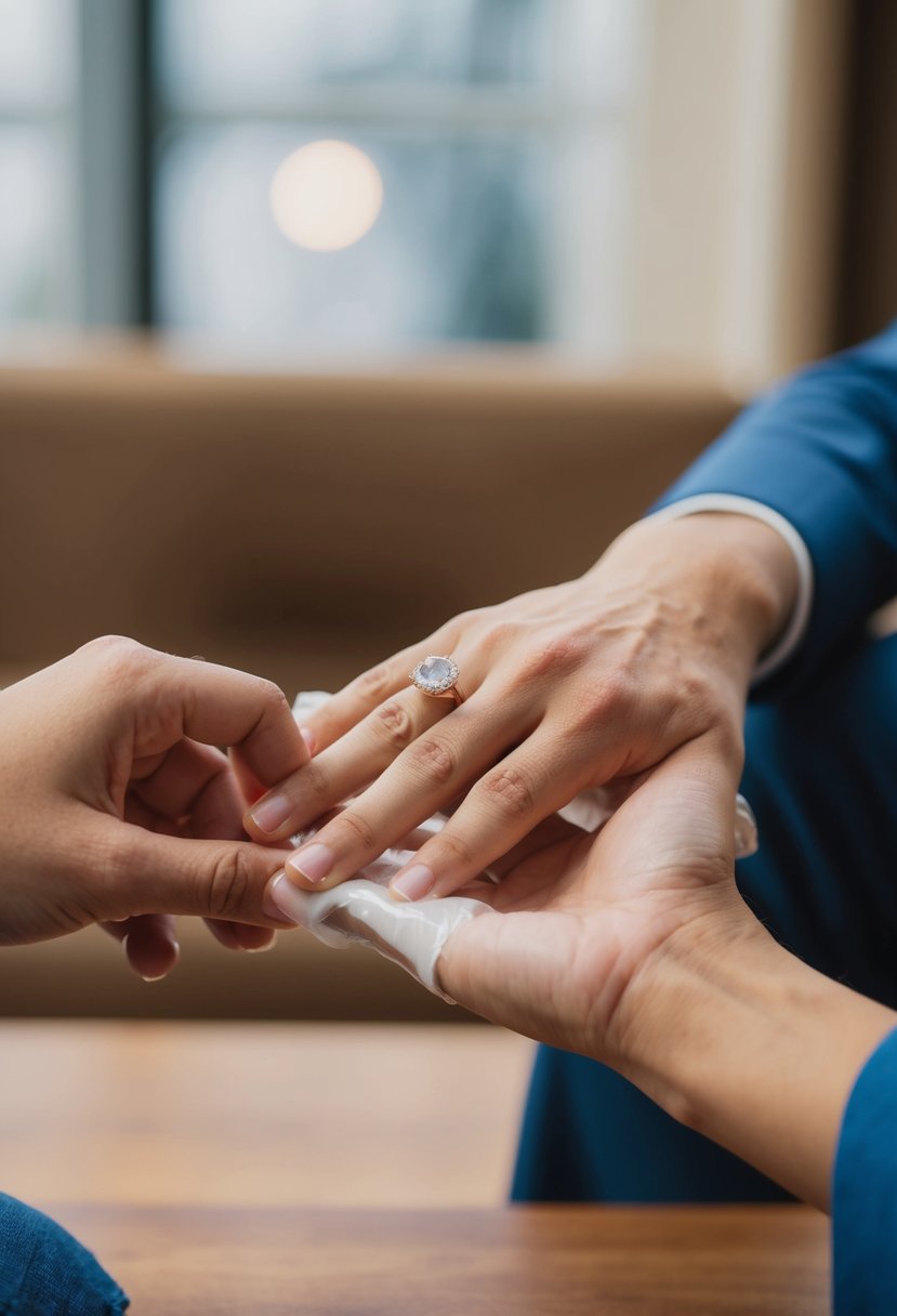 A person with a wedding ring on their finger accidentally supergluing their hand to their partner's hand