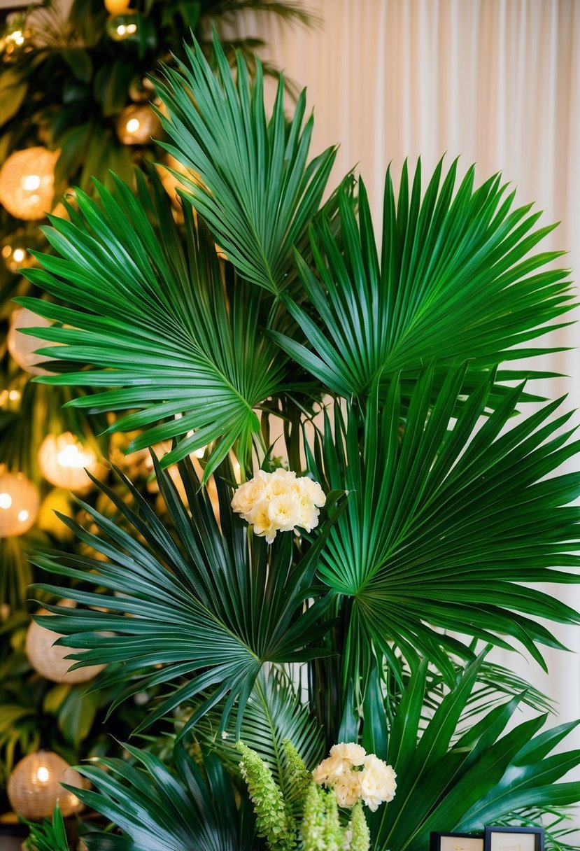 Lush, vibrant palm leaves arranged in a dramatic display for a tropical-themed wedding