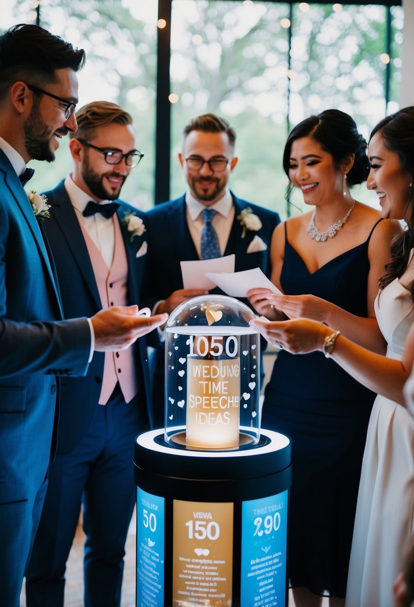 A group of diverse guests stand around a digital time capsule, sharing heartfelt and unique wedding speech ideas on video