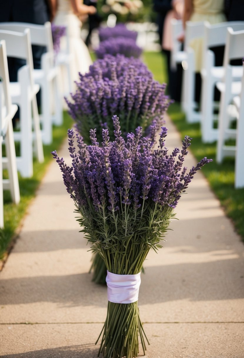 Lavender bundles line the wedding aisle, creating a romantic and fragrant floral display