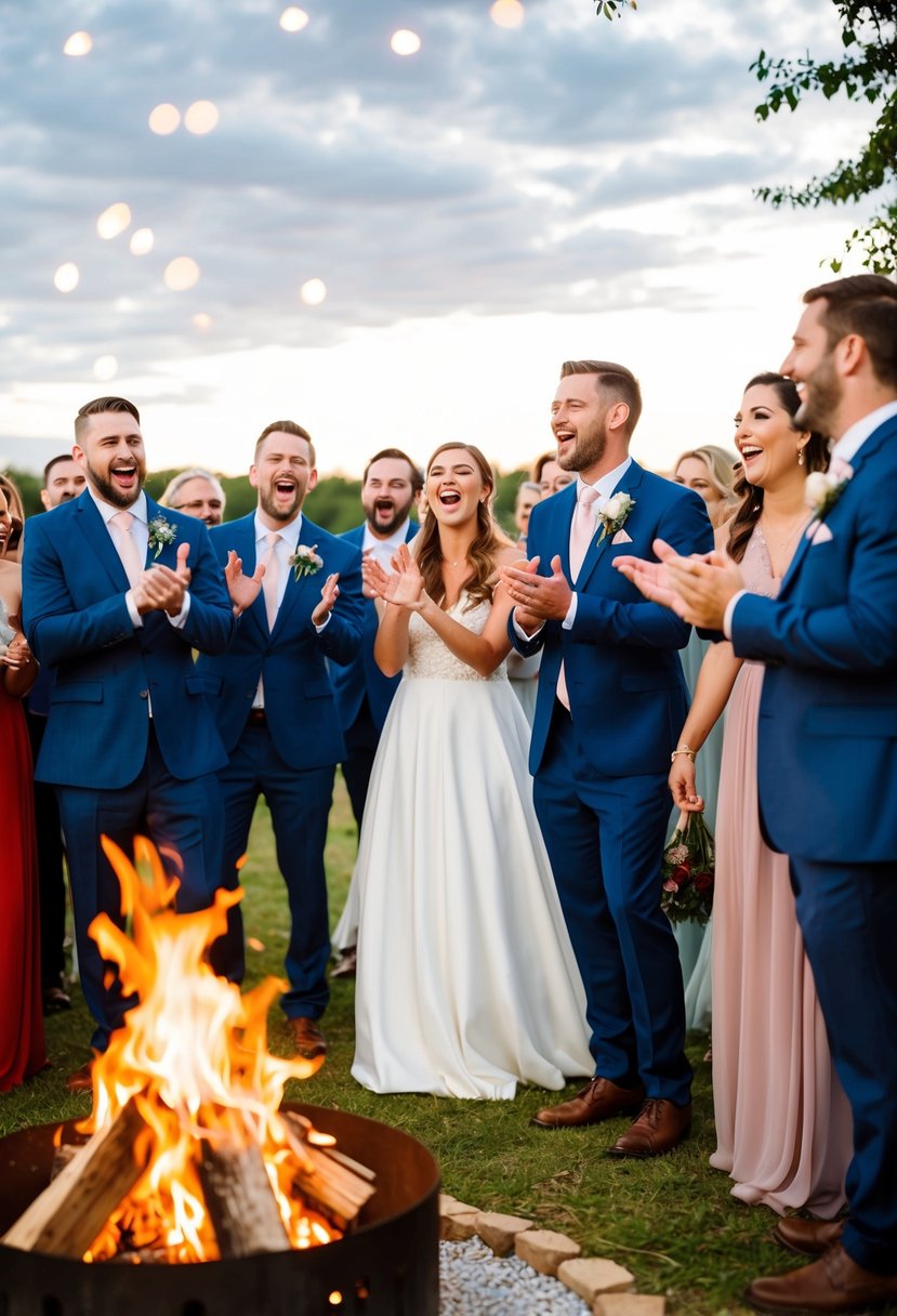 Guests gather around a bonfire, singing and clapping along to the music. The bride and groom smile as they watch their loved ones come together in joyful celebration