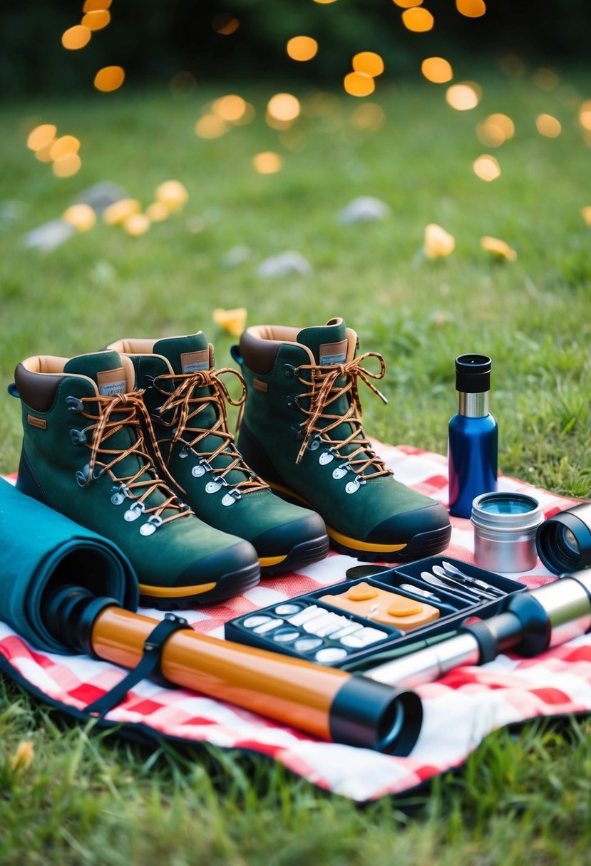 A picnic spread with hiking boots, a telescope, and art supplies