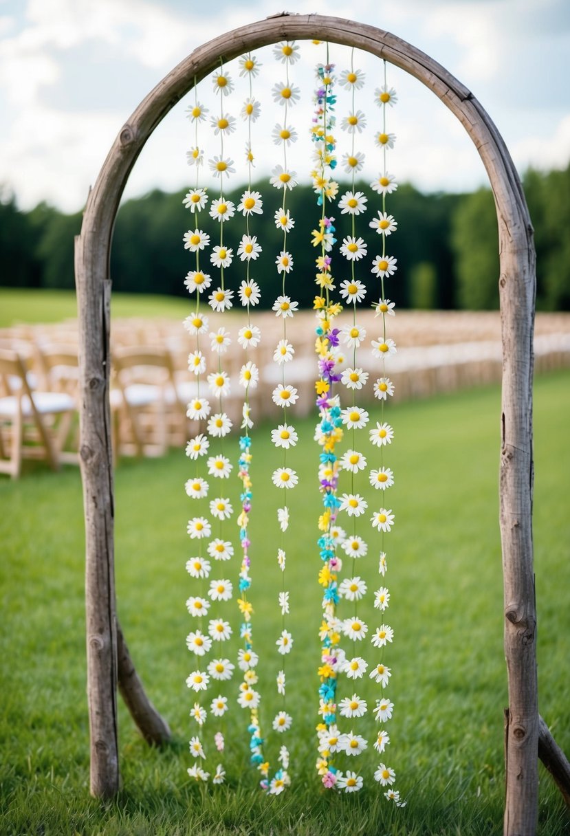 A field of colorful daisy chains cascading down from a rustic wooden arch, creating a whimsical and playful touch for a wedding floral display