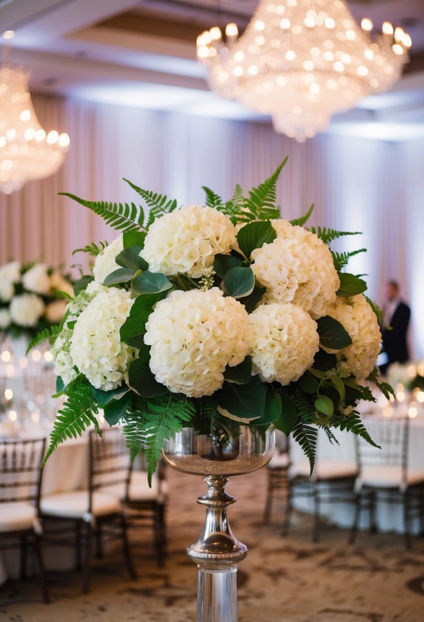 Elegant hydrangea and fern arrangements fill a grand wedding reception space