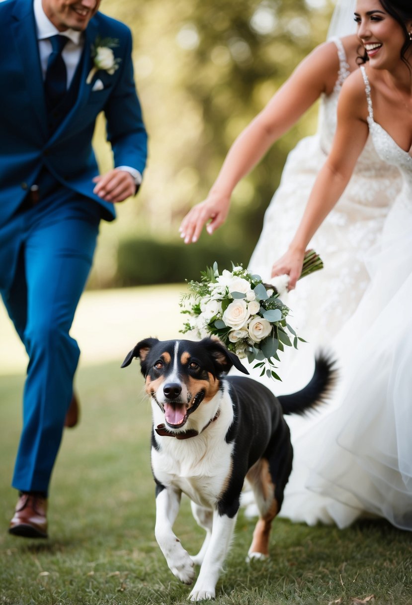 A playful dog steals the bride's bouquet, wagging its tail as the couple playfully chases after it