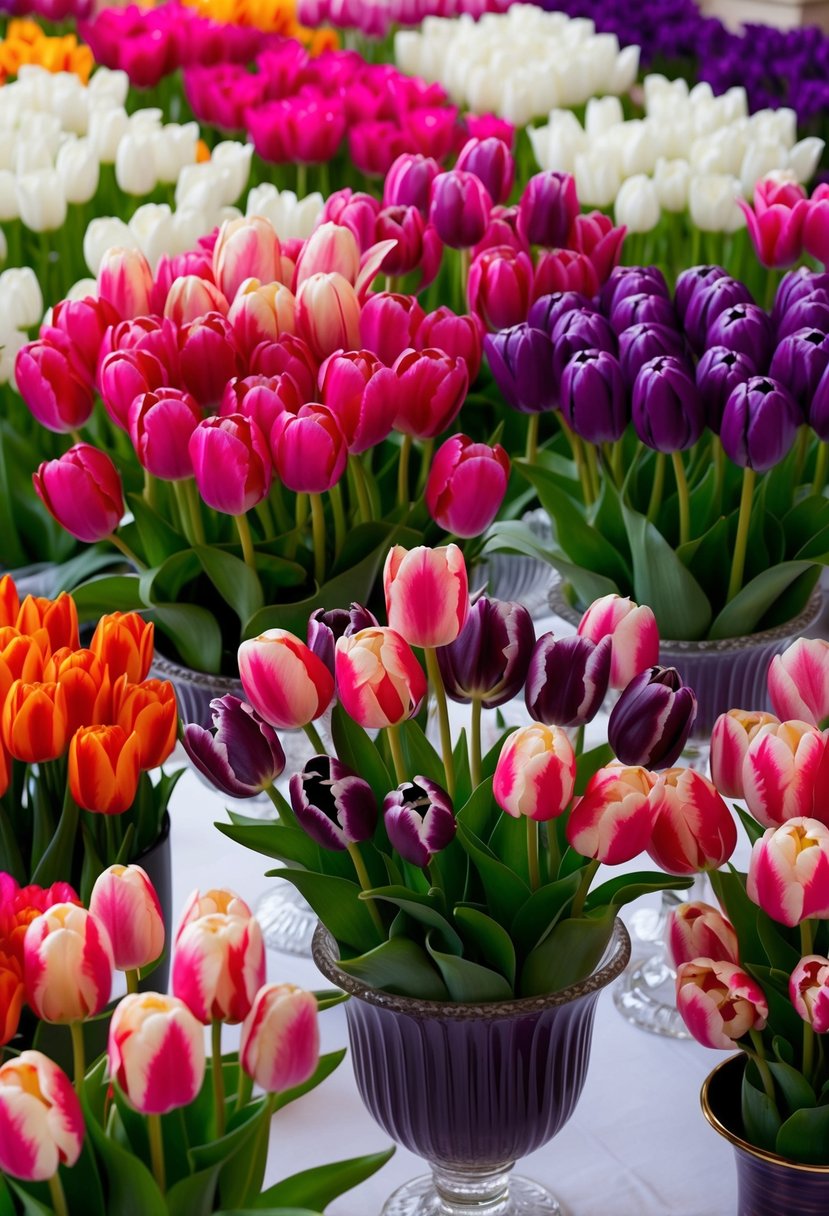 A vibrant array of tulips in various shades of pink, purple, and white arranged in elegant vases, creating a stunning display for a springtime wedding