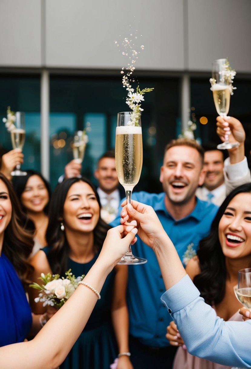 A champagne glass raised high in celebration, surrounded by joyful guests and adorned with delicate floral decorations