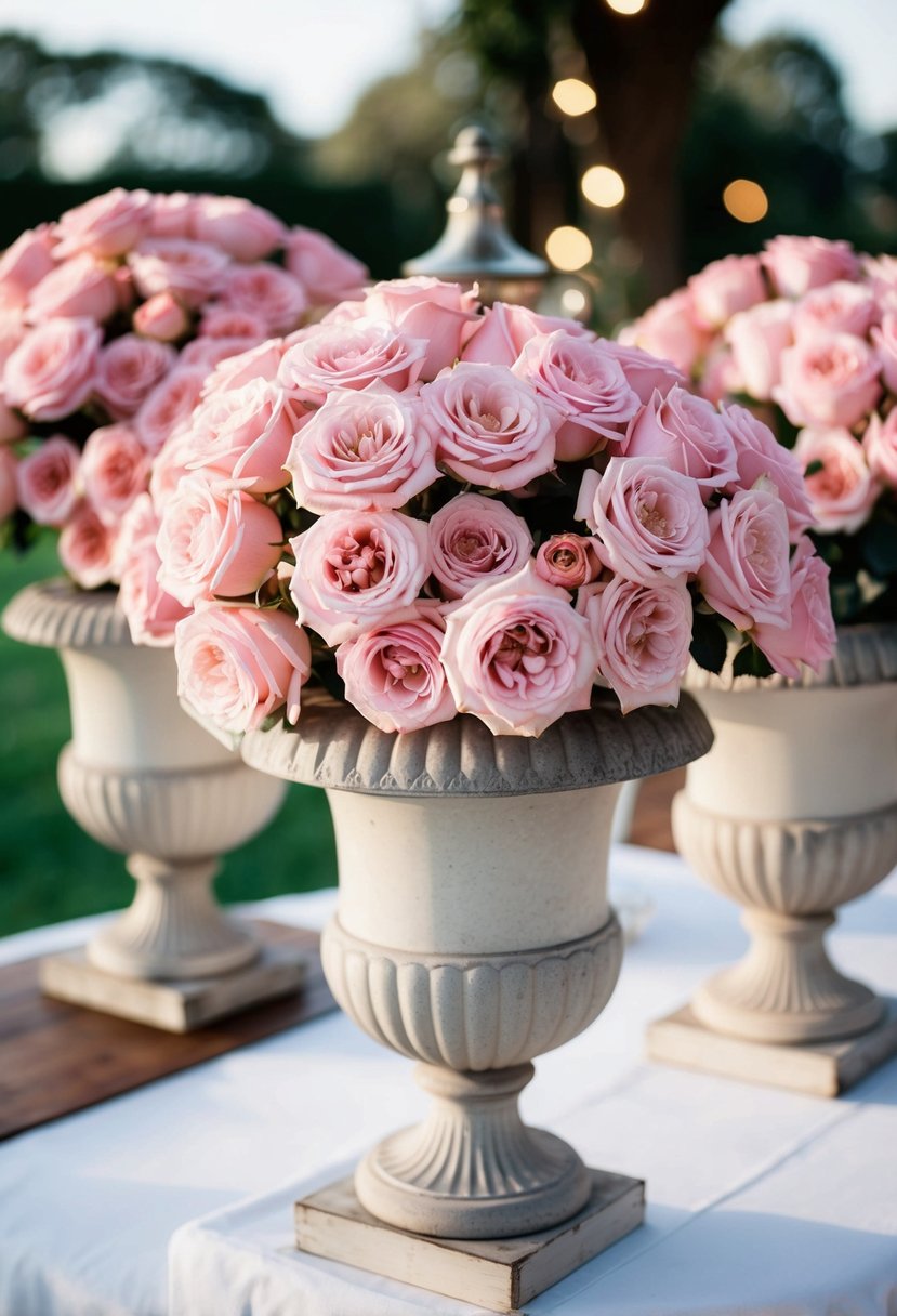 Blush pink roses fill vintage urns, creating a romantic wedding display