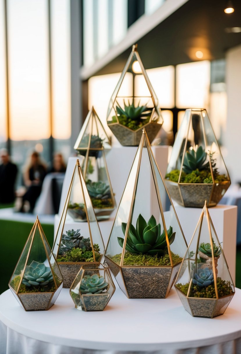 Geometric terrariums with succulents arranged on a modern wedding display