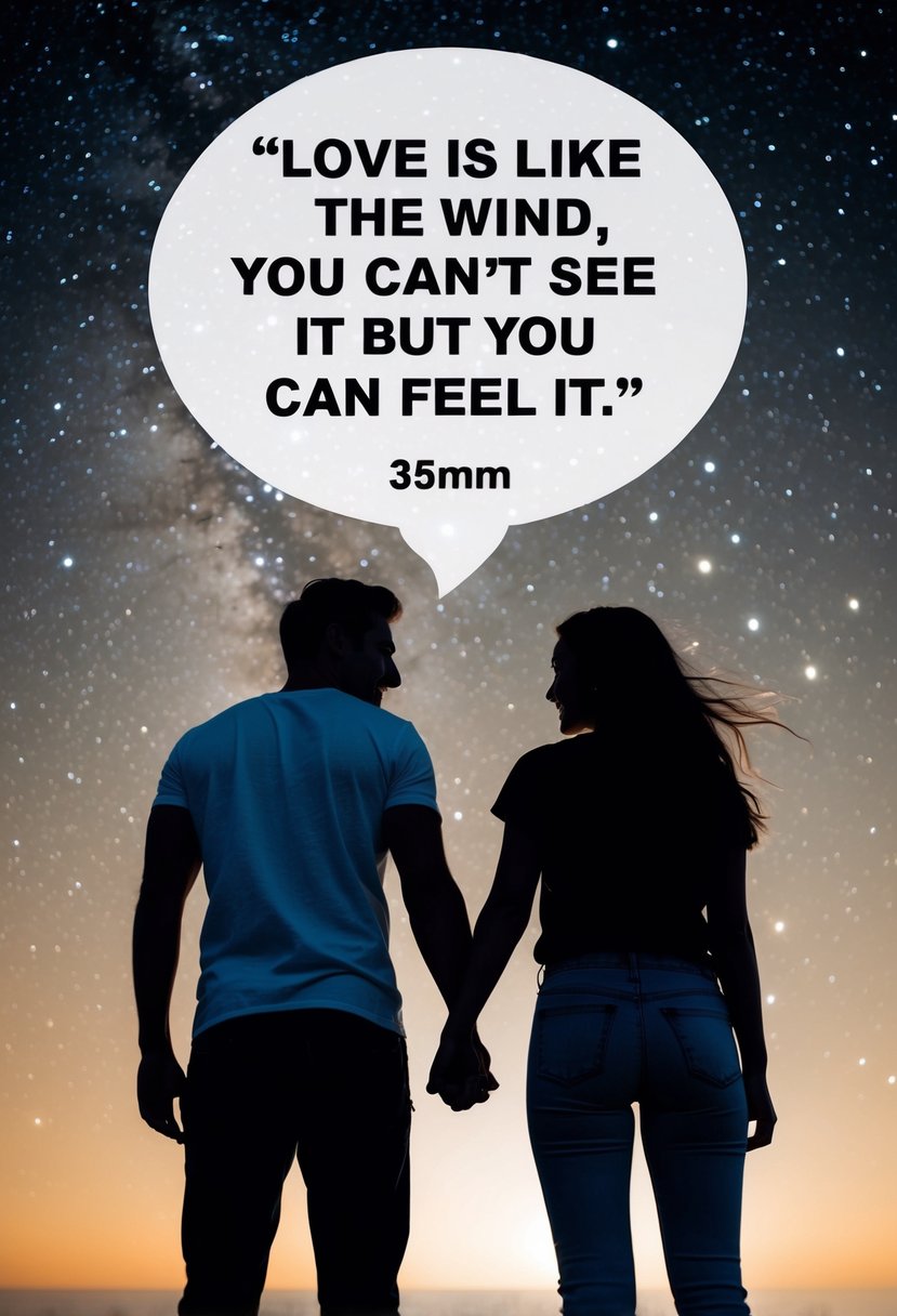 A couple's silhouette under a starry sky, holding hands with a quote bubble above them: "Love is like the wind, you can't see it but you can feel it."