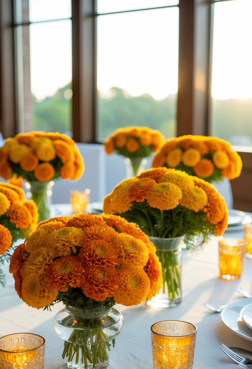 Sunlight streams through windows, illuminating vibrant marigold centerpieces on tables