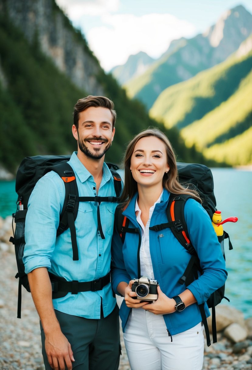 A couple happily exploring the world, surrounded by adventure and love