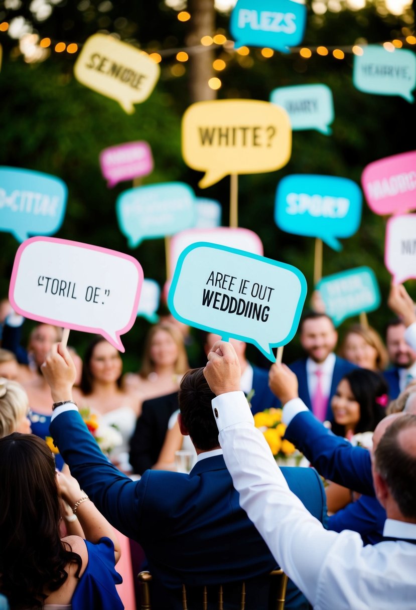 Guests holding up speech bubbles with words and phrases, forming a colorful and interactive backdrop for the speaker at a wedding