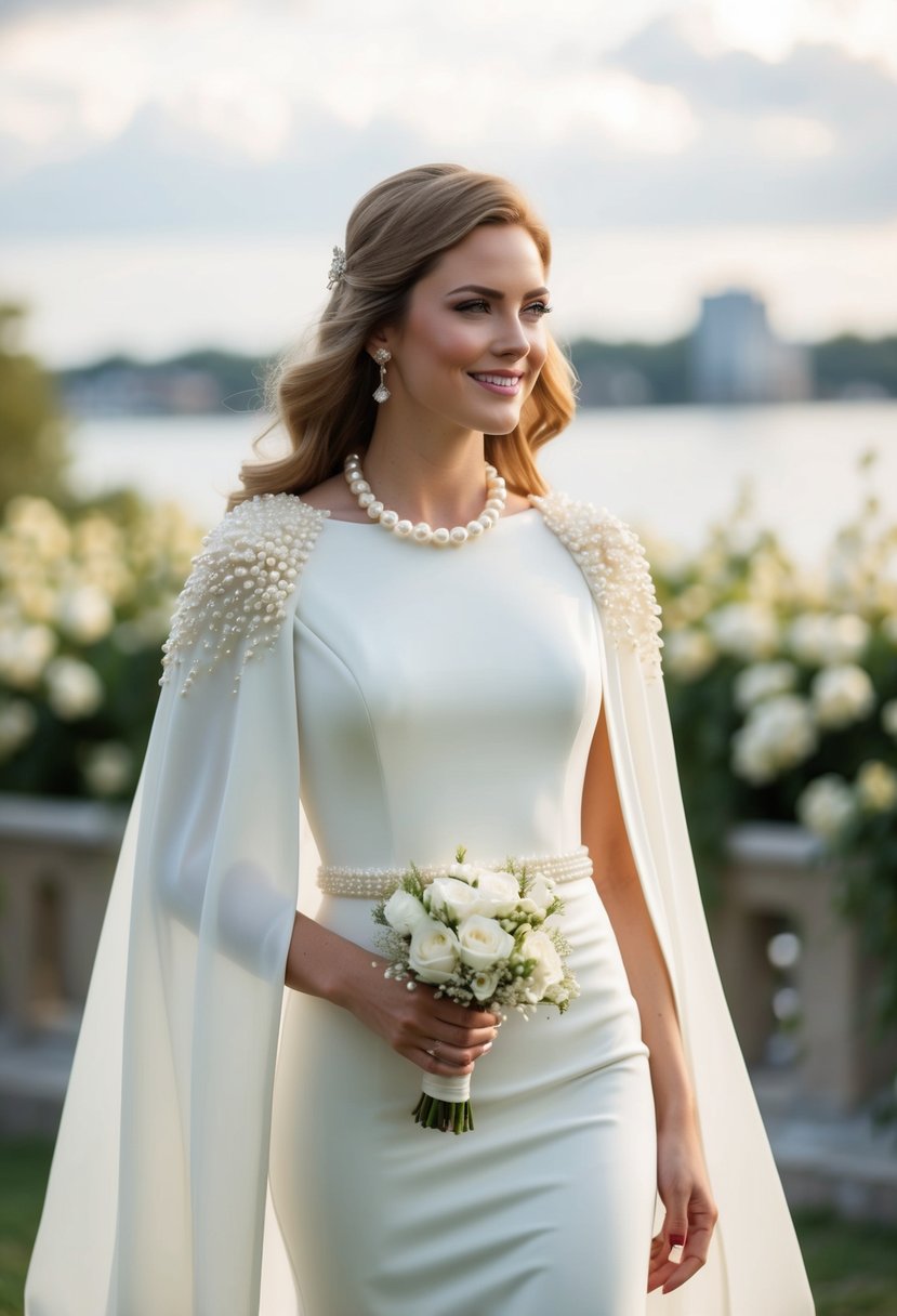 A flowing cape-sleeve dress adorned with delicate pearl accents, perfect for a wedding guest