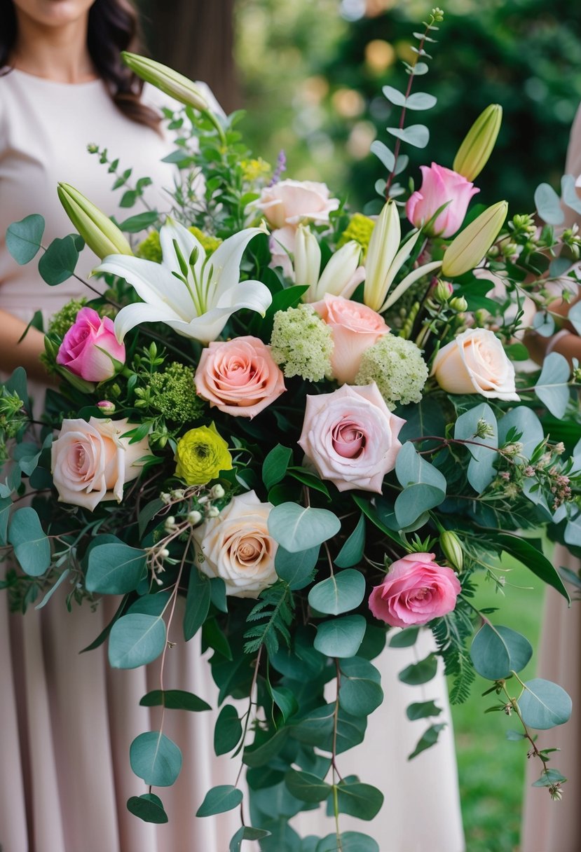 A vibrant assortment of flowers and greenery arranged in a cascading bouquet, featuring delicate roses, lilies, and eucalyptus leaves