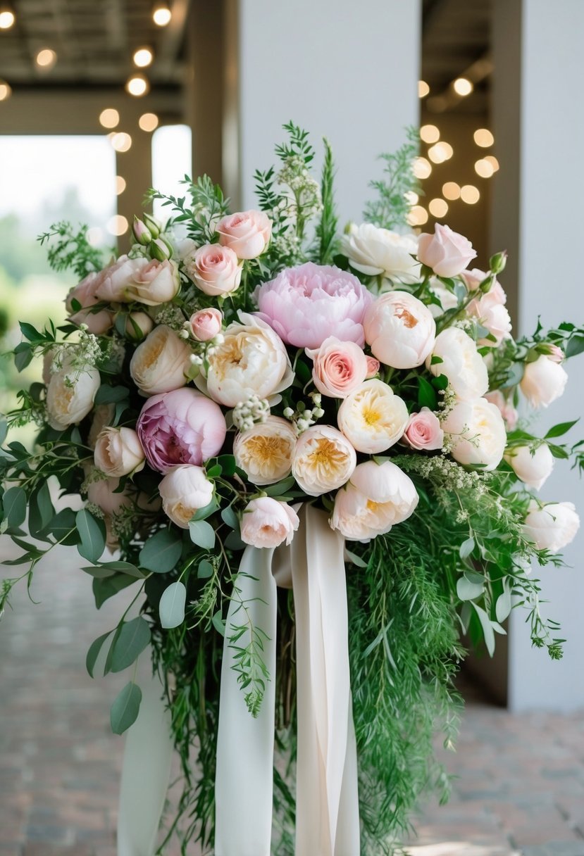 A cascading bouquet of romantic roses and peonies in soft pastel colors, with greenery and delicate ribbons flowing from the arrangement