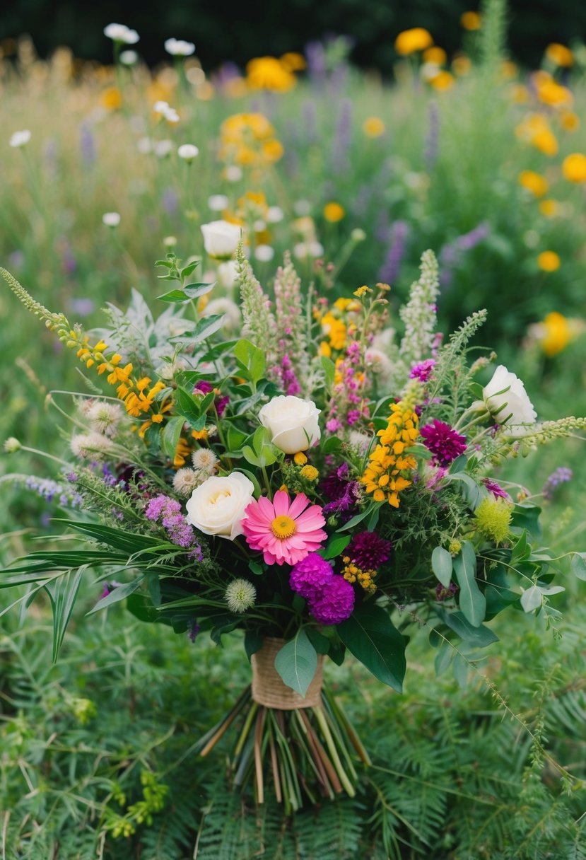 A vibrant array of wildflowers and greenery, loosely arranged in a bohemian style bouquet