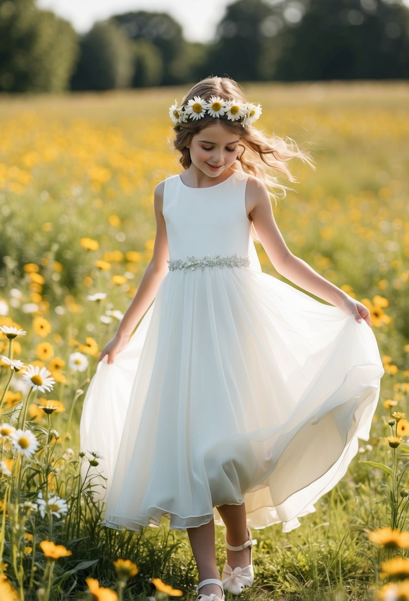 A young girl in a flowy, knee-length wedding dress twirls in a field of wildflowers, with a wreath of daisies in her hair