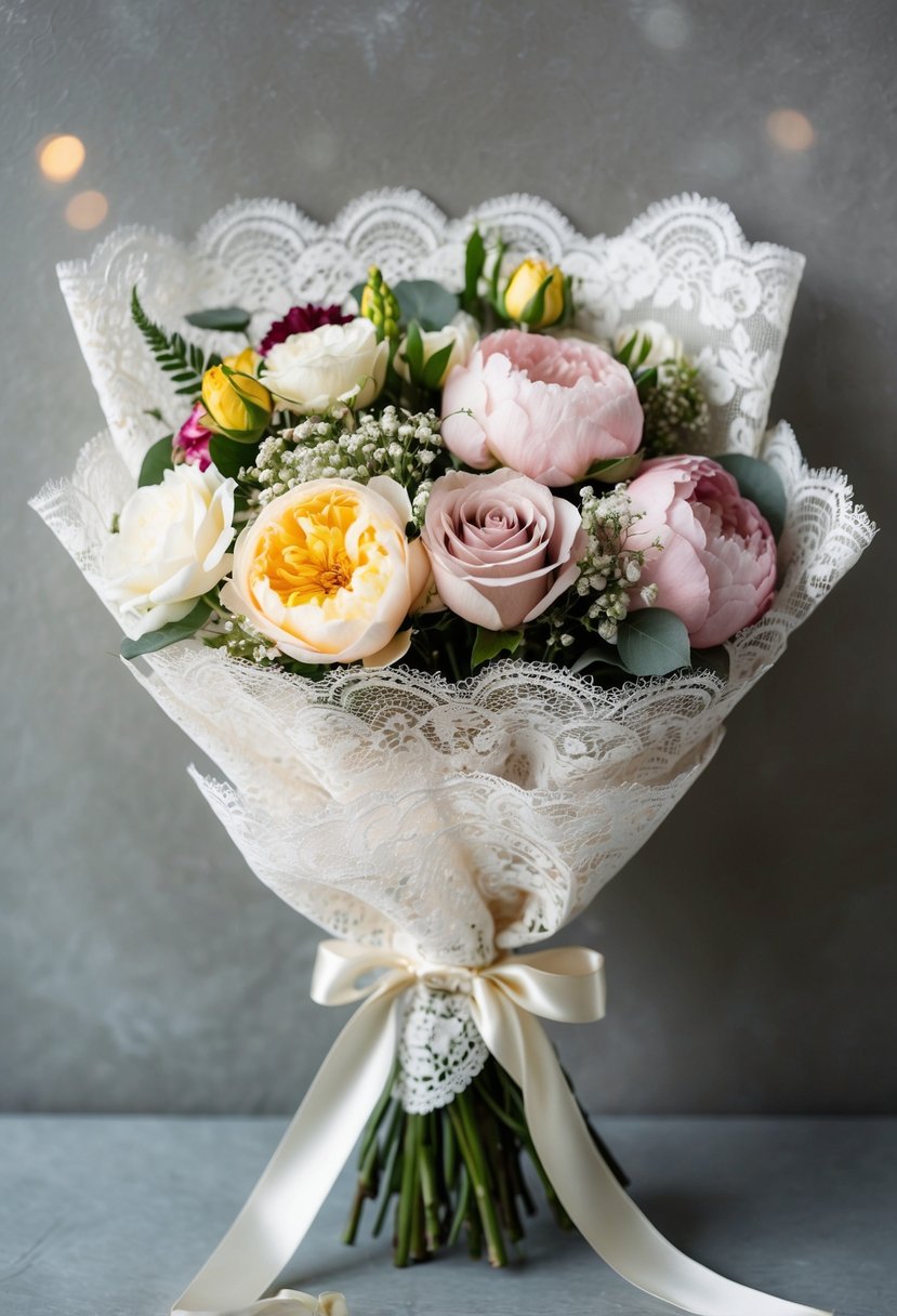 A lace-wrapped bouquet of vintage-inspired flowers, including roses, peonies, and baby's breath, tied with a satin ribbon