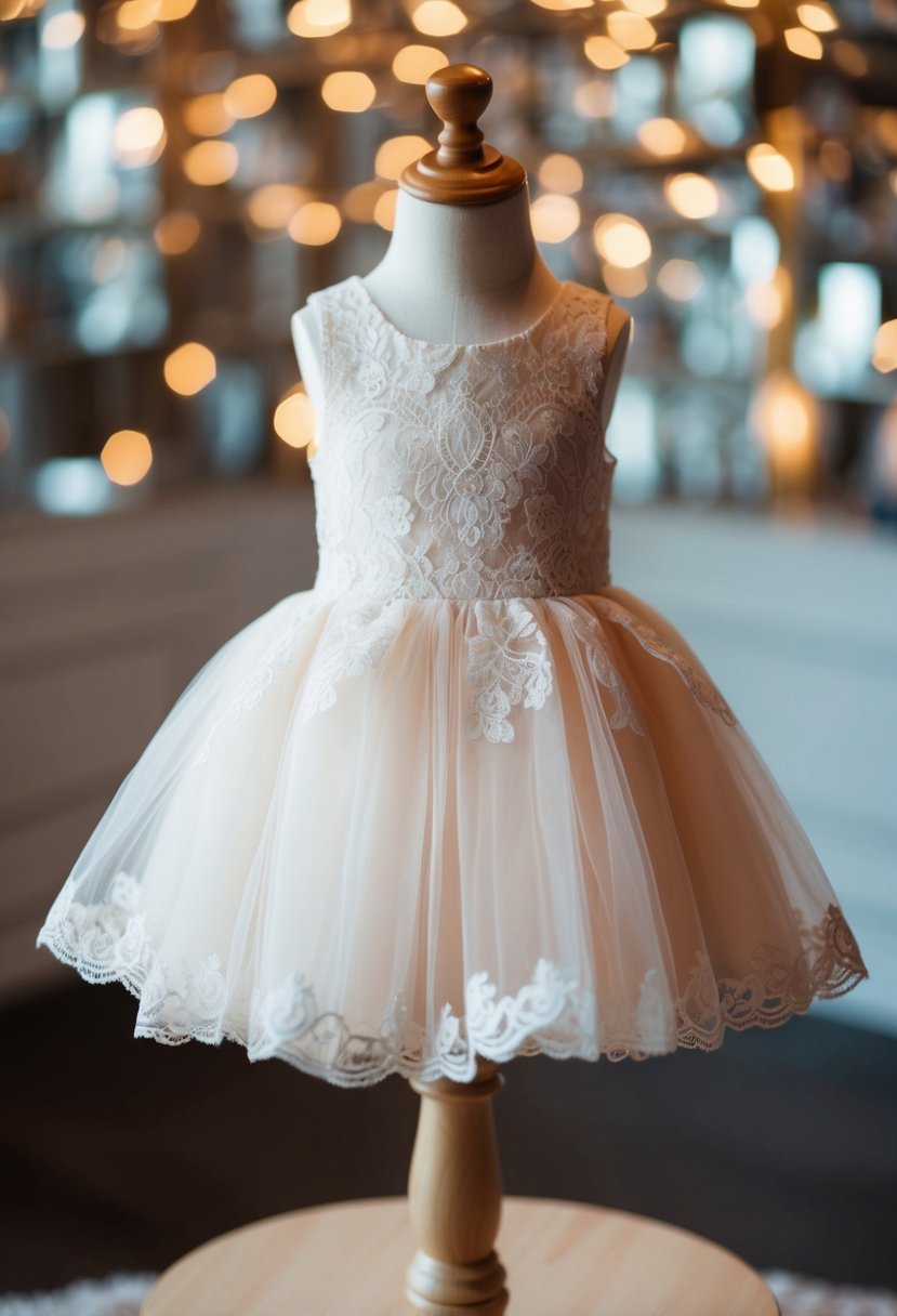 A delicate tulle and lace short dress displayed on a child-sized mannequin