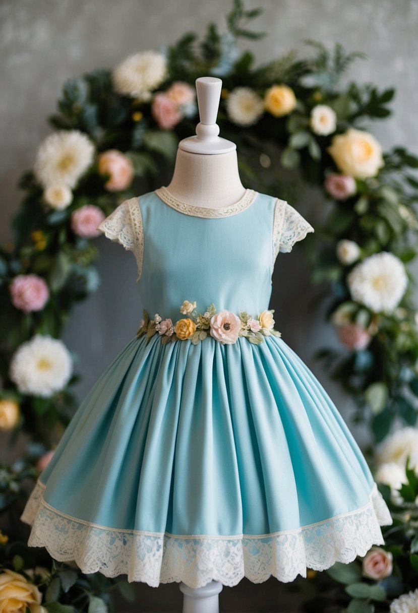 A vintage-inspired cap sleeve dress displayed on a child-sized mannequin, surrounded by lace and floral accents