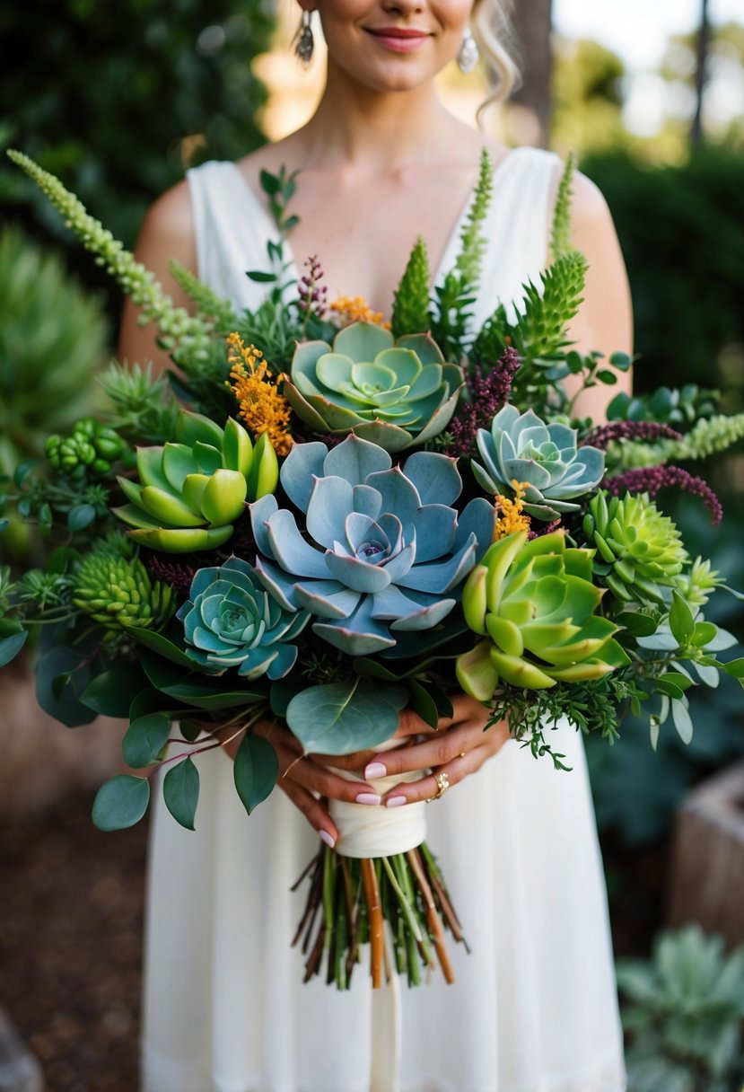 A lush wedding bouquet featuring a mix of modern succulents and greenery, with pops of color and varying textures