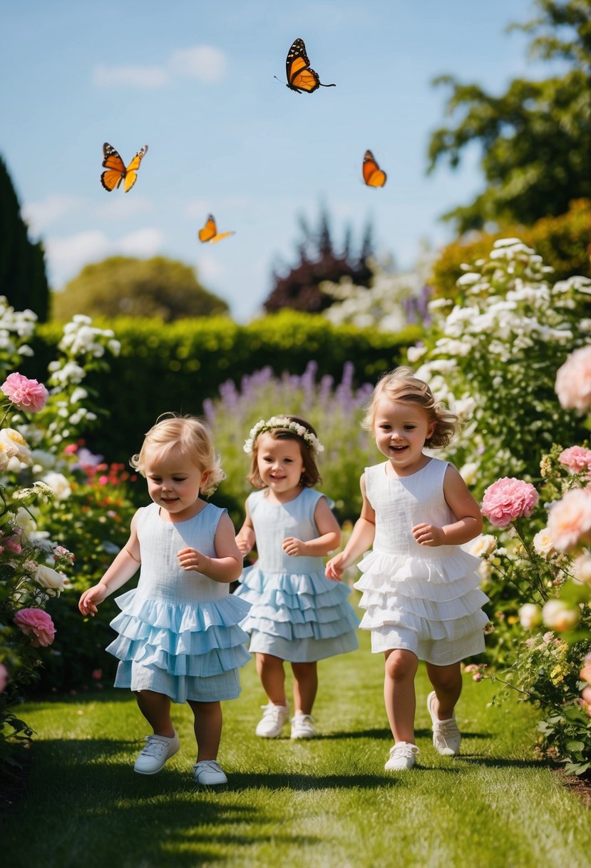 A sunny garden wedding, with children playing in ruffled linen dresses, surrounded by blooming flowers and fluttering butterflies