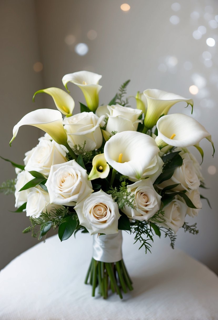 A classic wedding bouquet featuring white roses and calla lilies arranged in a delicate and elegant composition